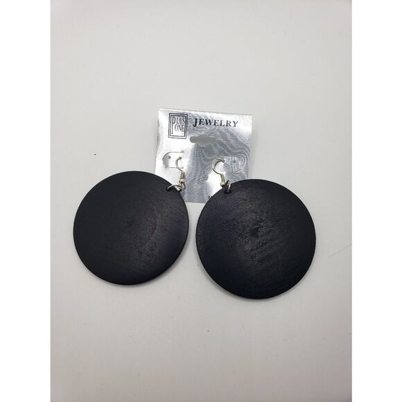 black boho round circle wood earrings - Picture 1 of 2